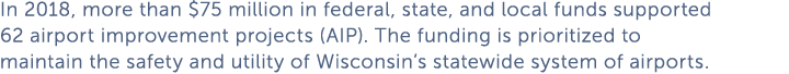 In 2018  more than  75 million in federal  state  and local funds supported 62 airport improvement projects  AIP   Th   