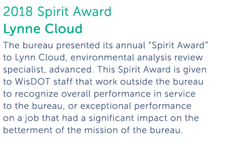2018 Spirit Award Lynne Cloud The bureau presented its annual  Spirit Award  to Lynn Cloud  environmental analysis re   
