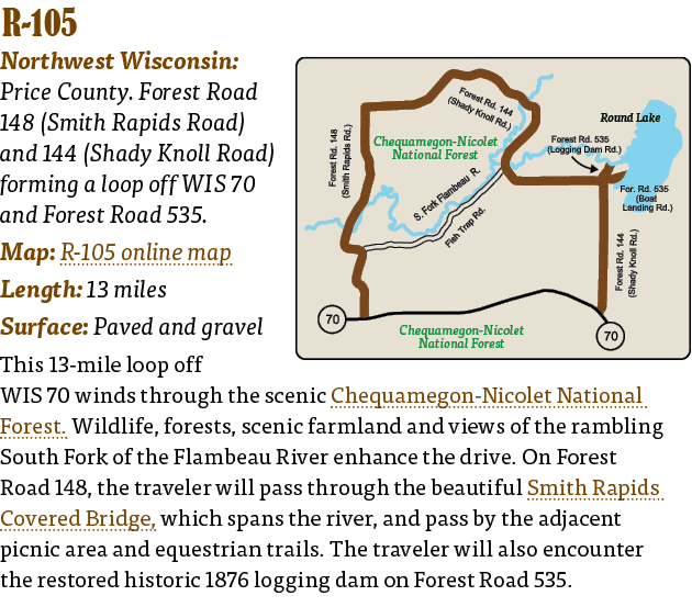   R-105  Northwest Wisconsin: Price County  Forest Road 148 (Smith Rapids Road) and 144 (Shady Knoll Road) forming a    