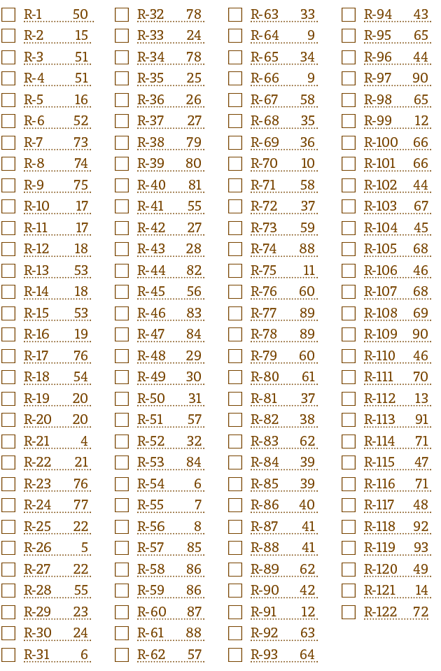   R-1 50    R-2 15   R-3 51   R-4 51   R-5 16   R-6 52   R-7 73   R-8 74   R-9 75   R-10 17   R-11 17   R-12 18   R-1   