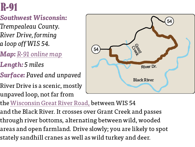   R-91  Southwest Wisconsin: Trempealeau County  River Drive, forming a loop off WIS 54  Map: R-91 online map Length:   