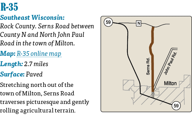   R-35  Southeast Wisconsin: Rock County  Serns Road between County N and North John Paul Road in the town of Milton    