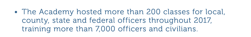 The Academy hosted more than 200 classes for local  county  state and federal officers throughout 2017  training more   