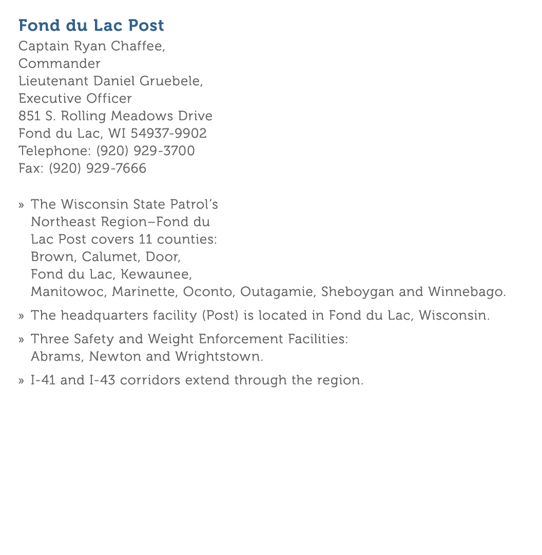 Fond du Lac Post Captain Ryan Chaffee  Commander Lieutenant Daniel Gruebele  Executive Officer 851 S  Rolling Meadows   