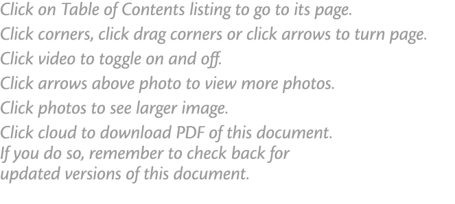 Click on Table of Contents listing to go to its page  Click corners  click drag corners or click arrows to turn page    