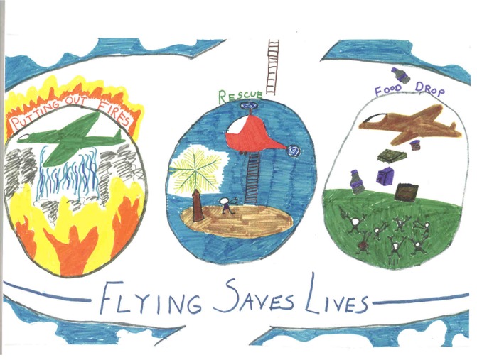 2004 Aviation art contest drawing of flying saves lives airplanes putting out fires, resuce, and food drop