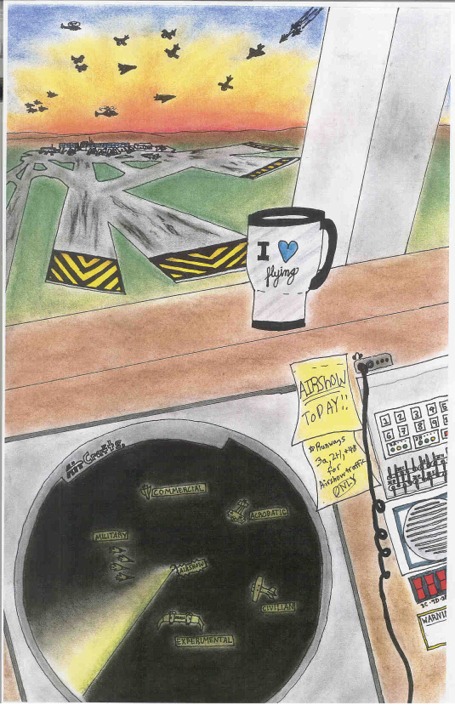 2005 aviation art contest drawing looking out from an airplane cockpit  to a busy airport