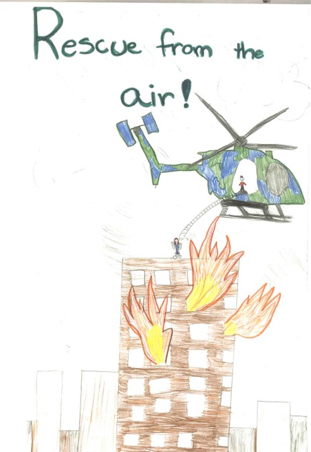 2004 Aviation art contest drawing of a helicopter rescue from a burning building