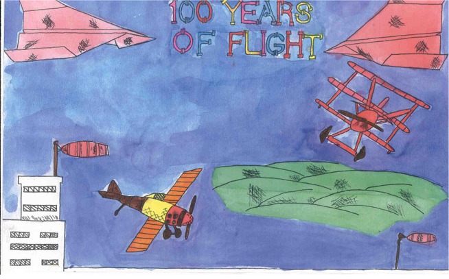 2005 aviation art contest drawing of 100 years of flight from paper planes to mondern aircraft