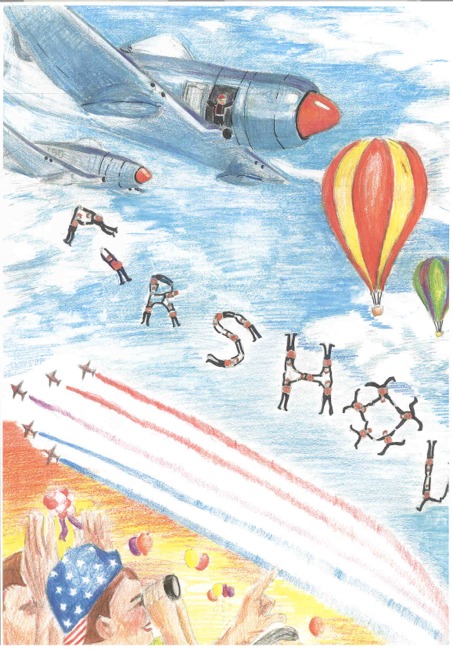 2005 aviation art contest drawing of and air show with aiplanes, hot air balloons and parchuters spelling out airshow