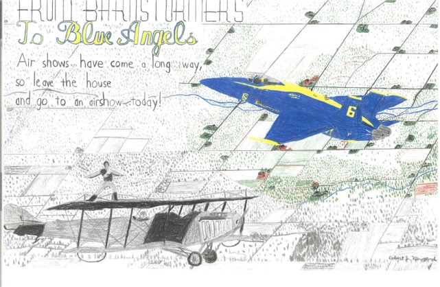 2005 aviation art contest drawing of an airial view of airplanes the bule angles and a biplane