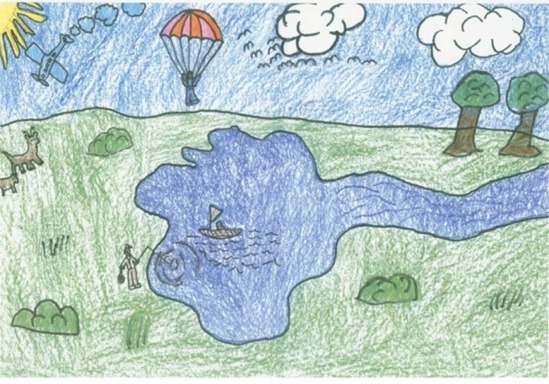 2006 aviation art contest drawing of lake with parachuter over head