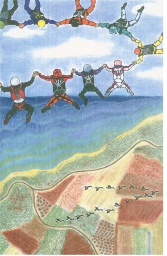 2006 aviation art contest drawing of parachute team falling form sky