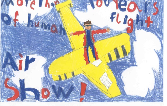 2005 aviation art contest drawing of man walking on the top of an airplane in flight