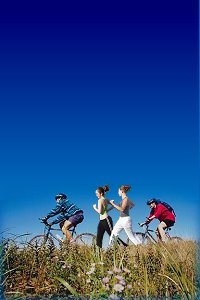 Bicyclists and joggers on a path
