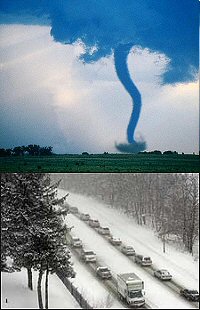 Images of a tornado across an open field and a snowstorm halting traffic.