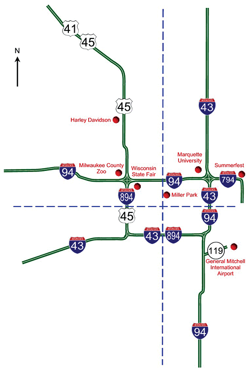 Map of Milwaukee highway system divided into four quadrants.