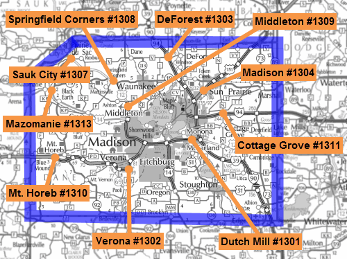 Map of Dane County park and ride lots.