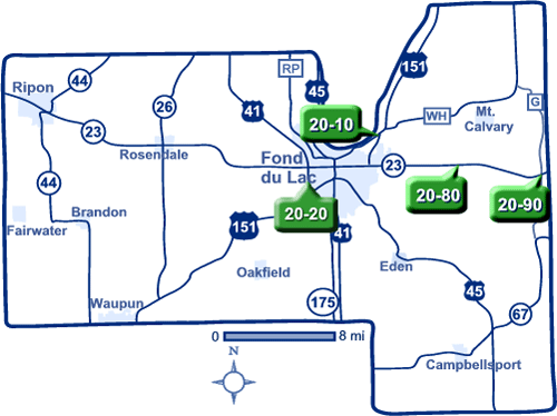 Map of Fond du Lac County park and ride lots.