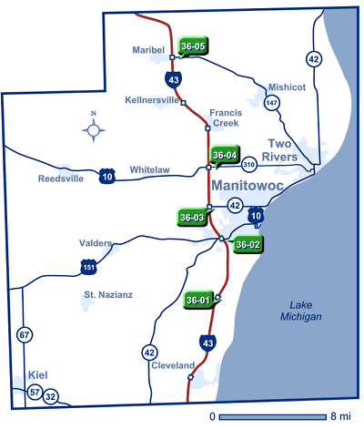 Map of Manitowoc County park and ride lots