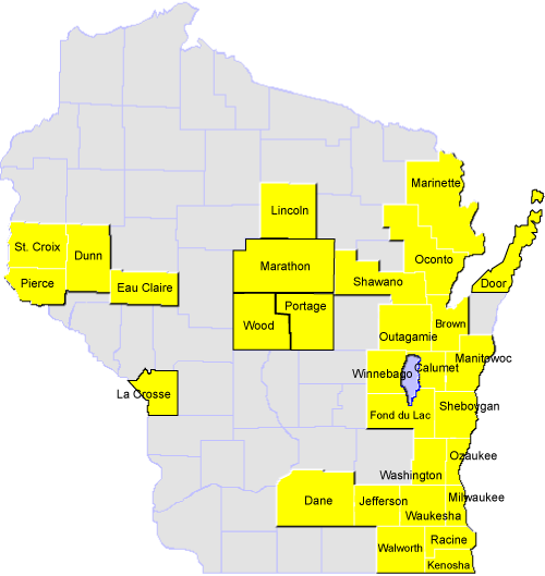 Map of Wisconsin counties with park and rides