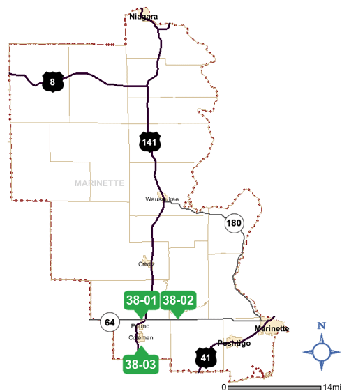Map of Marinette County park and ride lots