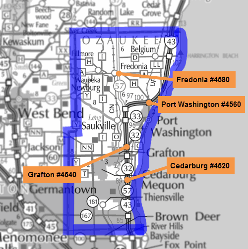 Map of Ozaukee County park and ride lots.