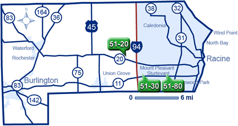 Map of Racine County park and ride lots.