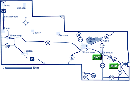 Map of Shawano County park and ride lots