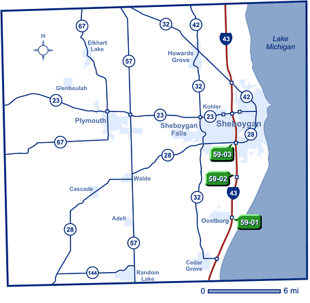 Map of Sheboygan County park and ride lots