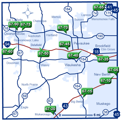 Map of Waukesha County park and ride lots.