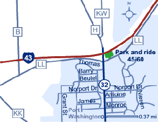 Map of park and ride lot 45-60 - I-43 and WIS 32/County H in Port Washington