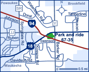 Map of Waukesha County park and ride lot 67-35, Goerke's Corners (I-94 and Barker Road).