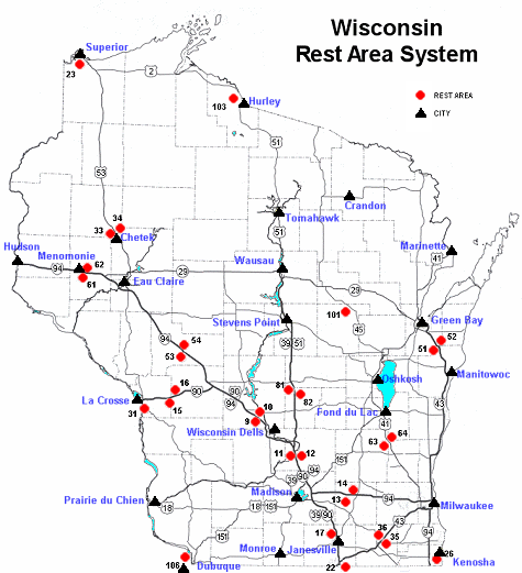 Wisconsin rest areas and waysides map.