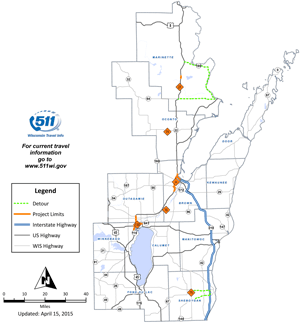 North Central Region work zones and detour map. North Central Region work zones and detour map.