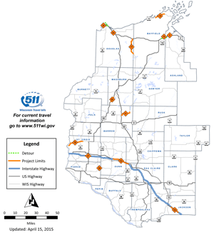 North Central Region work zones and detour map. North Central Region work zones and detour map.