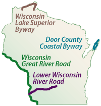 Map of Wisconsin showing the location of Scenic Byways