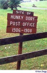 Roadsign noting historic site of the Hunky Dory Post Office (1906-1908)